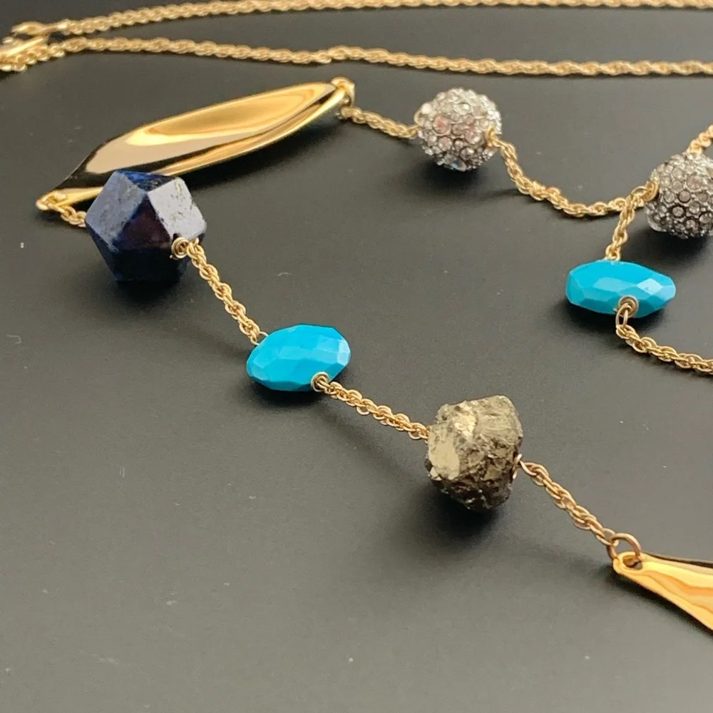 ALEXIS BITTAR NEW Gold Long Lapis Turquoise Pyrite Bead Chain  Gemstone Necklace
